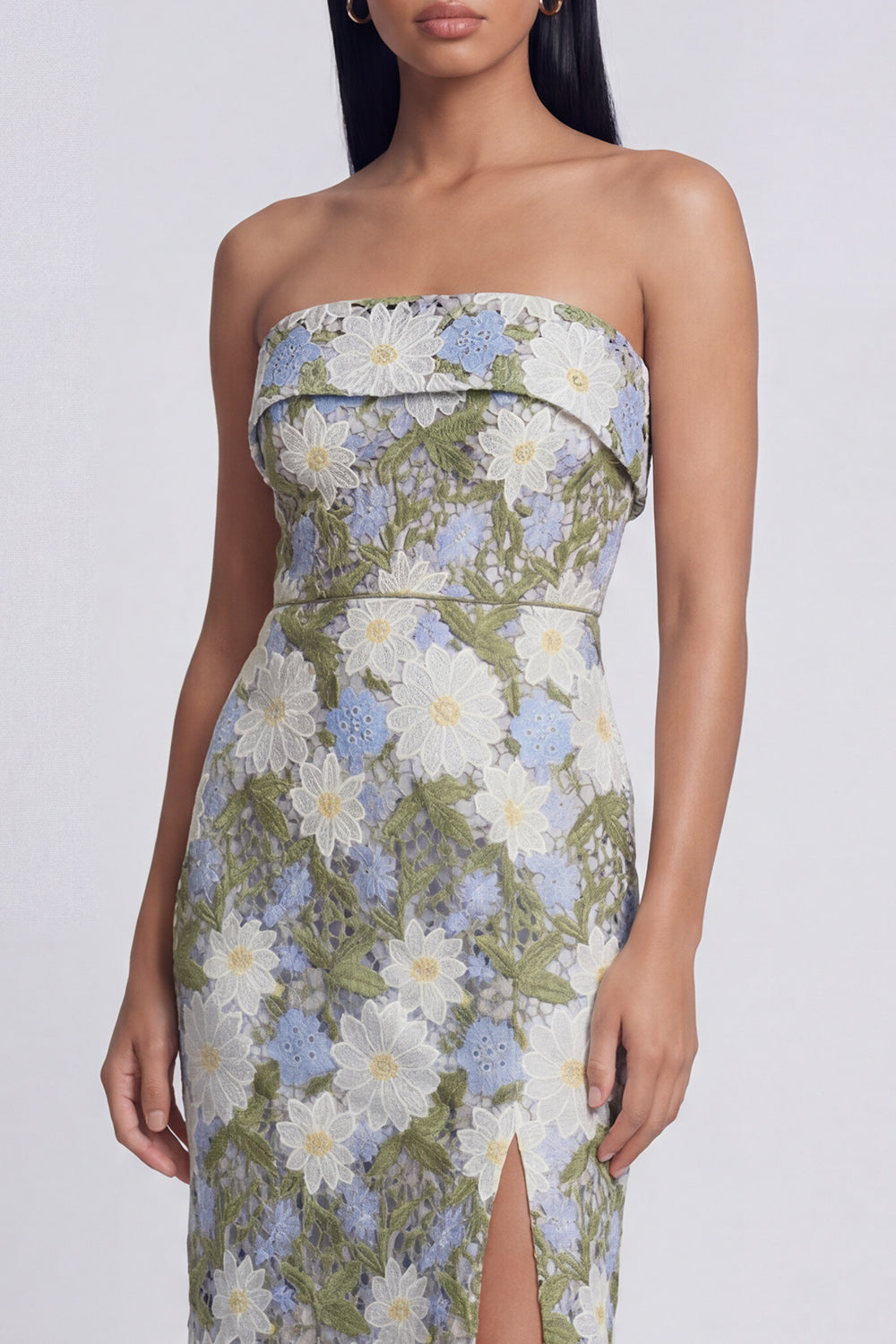 Strapless Floral Green Sheath Wedding Guest Dress - Image 3
