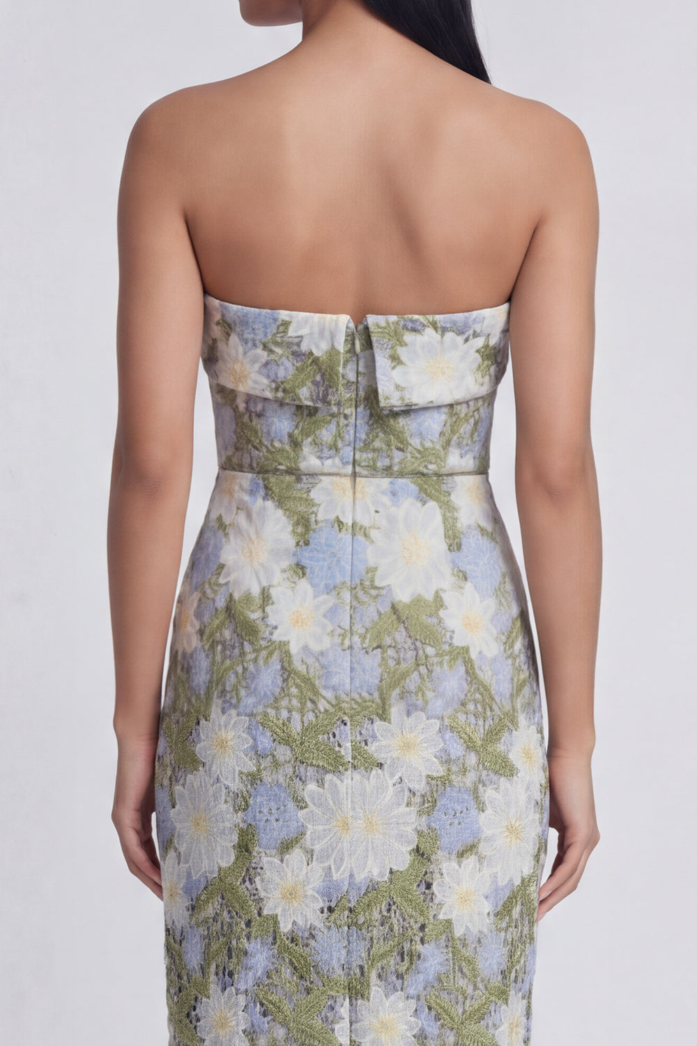 Strapless Floral Green Sheath Wedding Guest Dress - Image 4