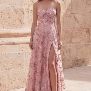 Strapless Blush Appliqued A Line Ruched Prom Dress
