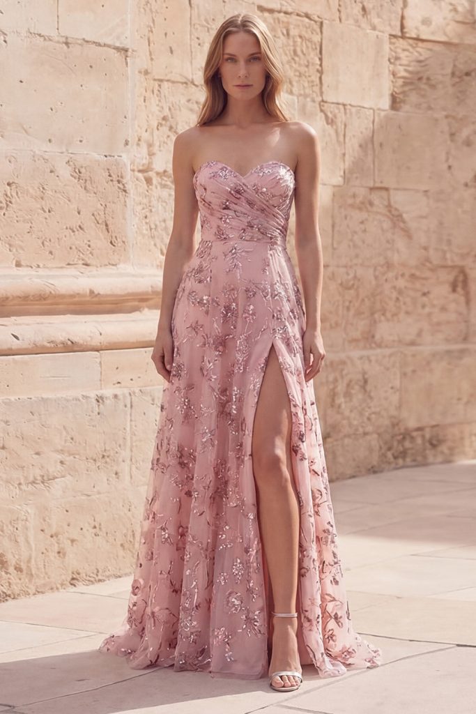 Strapless Blush Appliqued A Line Ruched Prom Dress