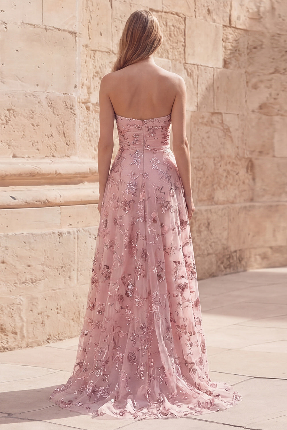 Strapless Blush Appliqued A Line Ruched Prom Dress - Image 2
