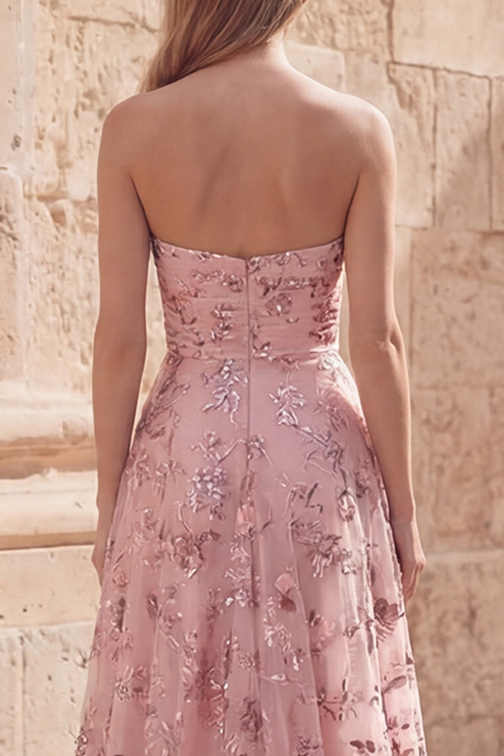 Strapless Blush Appliqued A Line Ruched Prom Dress - Image 5
