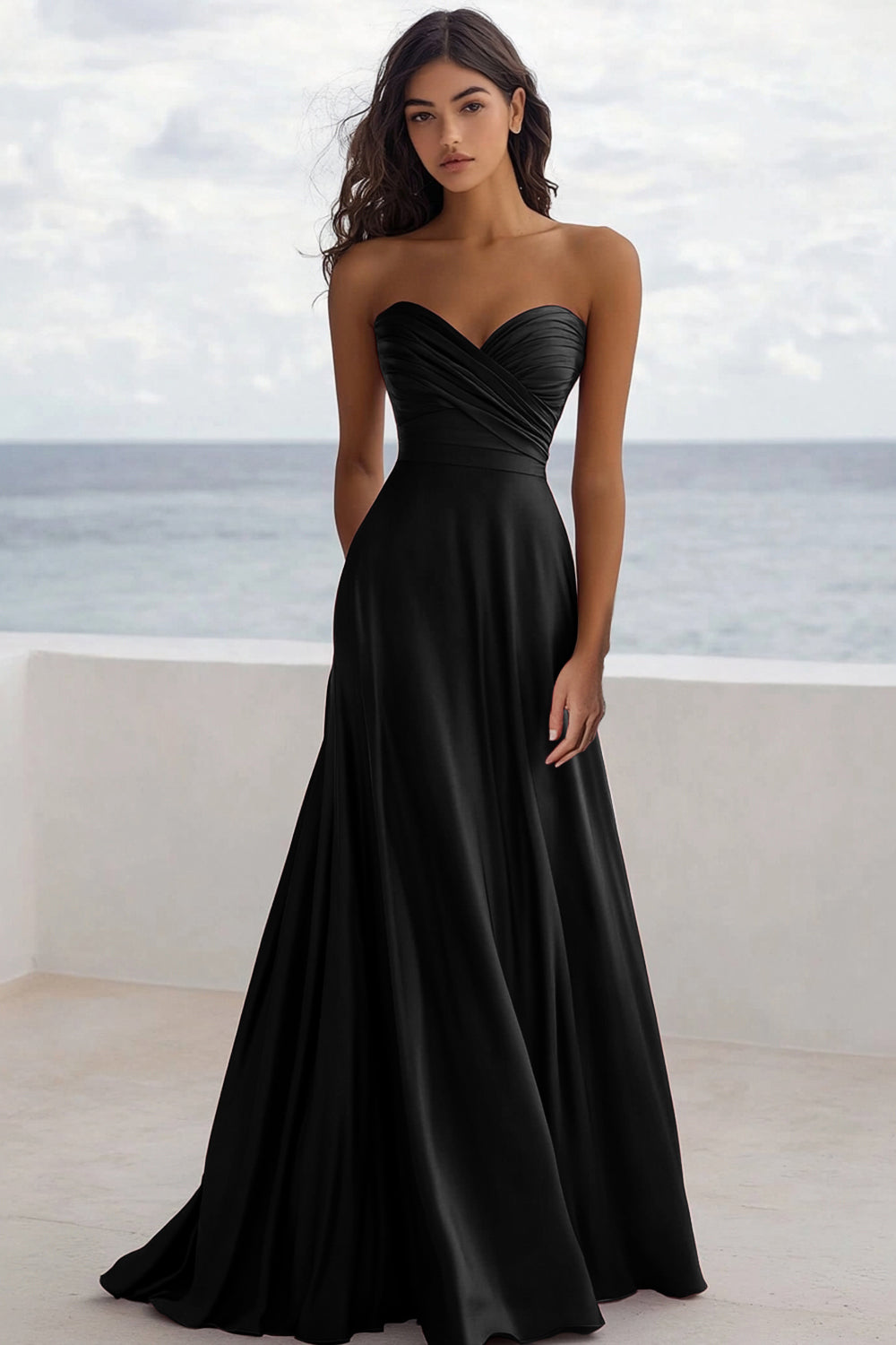 Strapless Burgundy A Line Ruched Formal Dress - Image 3