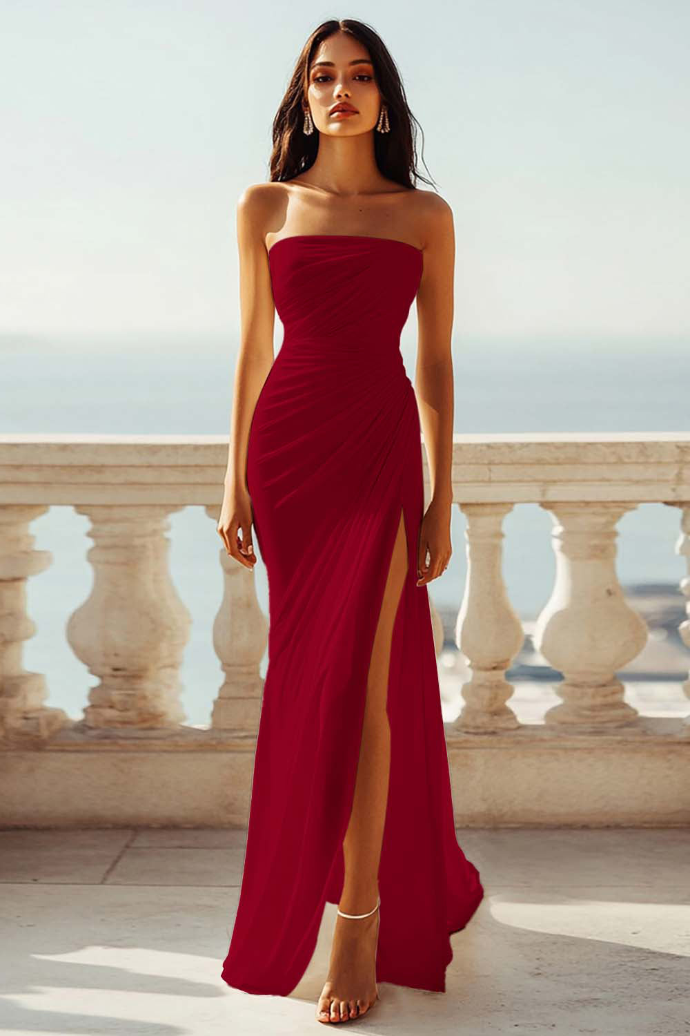 Strapless Ivory Sheath Engagement Dress with Slit - Image 4