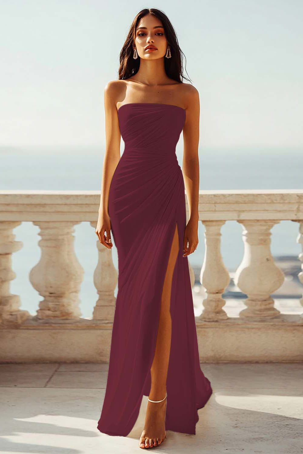 Strapless Ivory Sheath Engagement Dress with Slit - Image 5