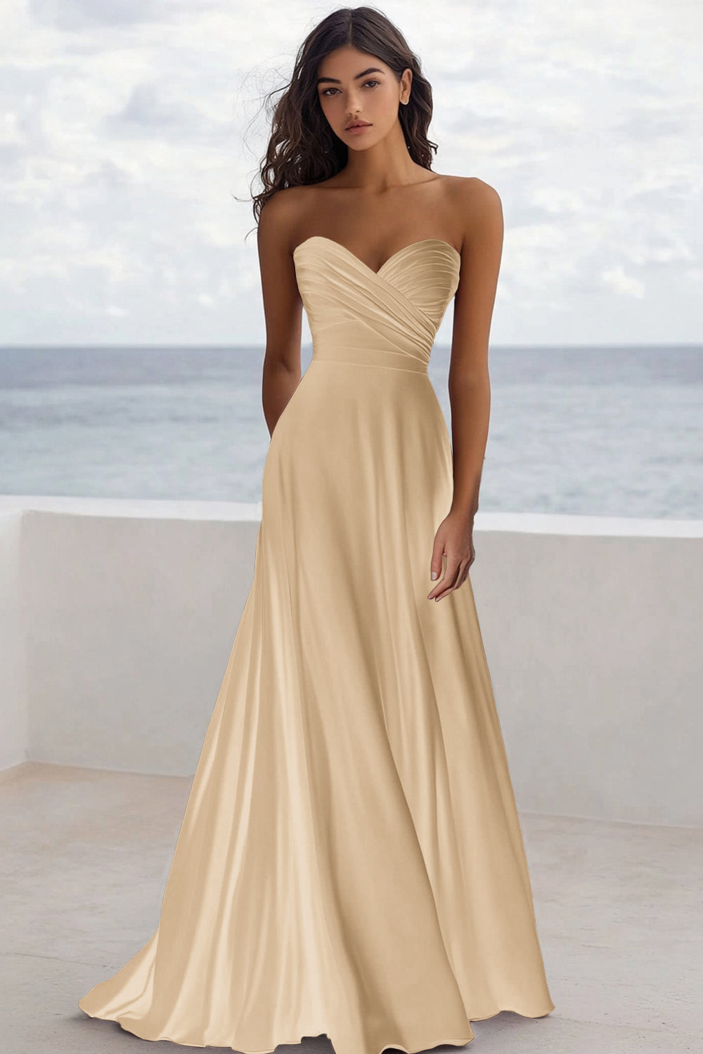 Strapless Burgundy A Line Ruched Formal Dress - Image 4