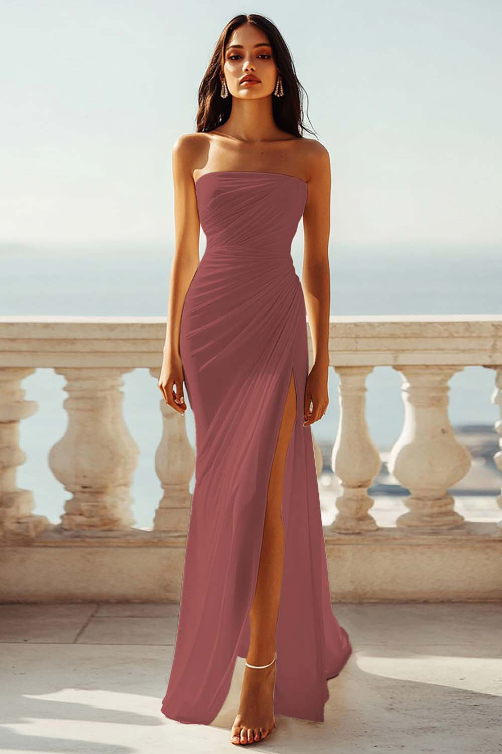 Strapless Ivory Sheath Engagement Dress with Slit - Image 8