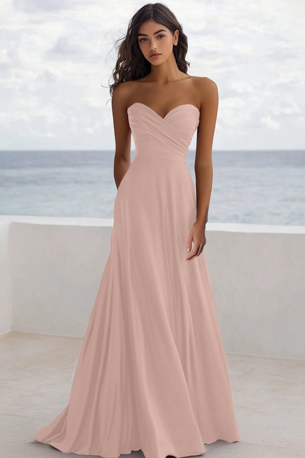 Strapless Burgundy A Line Ruched Formal Dress - Image 8
