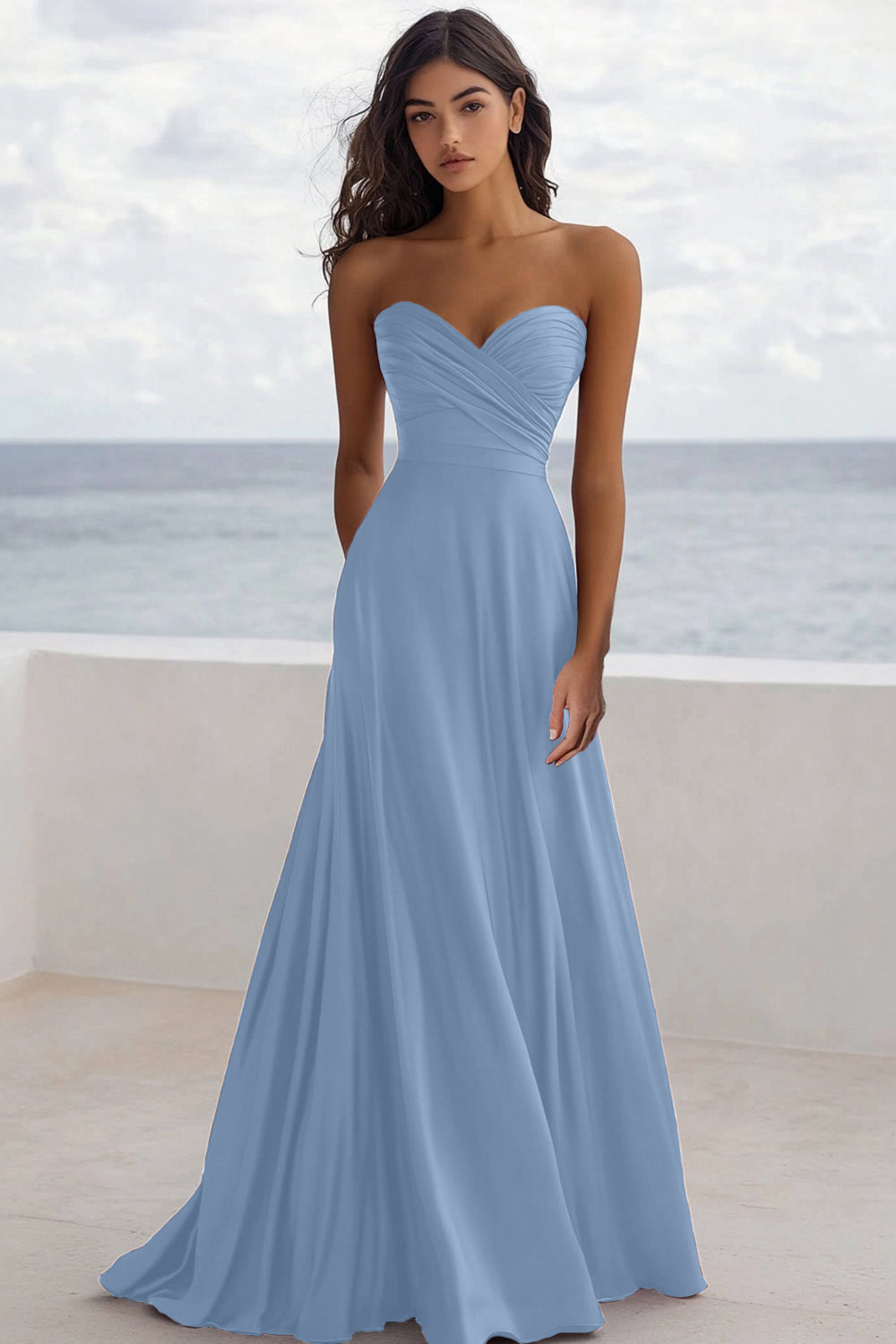 Strapless Burgundy A Line Ruched Formal Dress - Image 7
