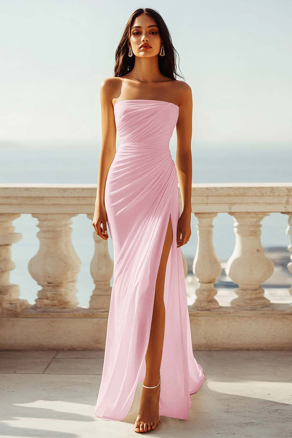 Strapless Ivory Sheath Engagement Dress with Slit - Image 10