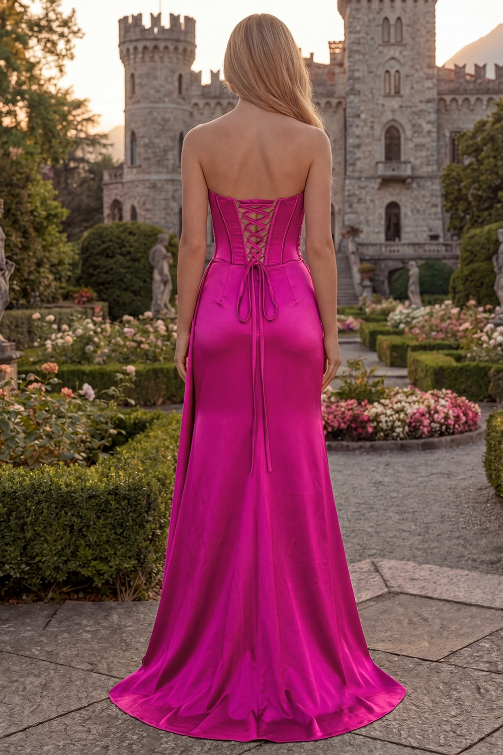 Strapless Corset Mermaid Burgundy Appliqued Prom Dress - Image 10