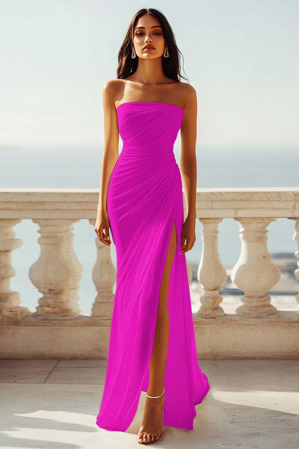 Strapless Ivory Sheath Engagement Dress with Slit - Image 12