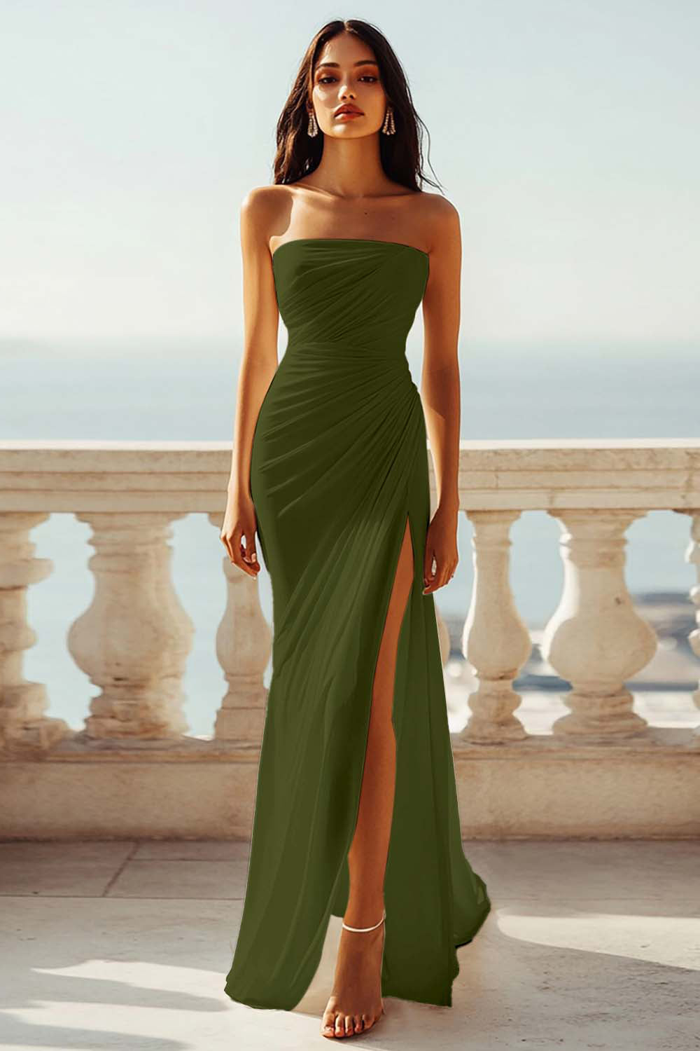 Strapless Ivory Sheath Engagement Dress with Slit - Image 13