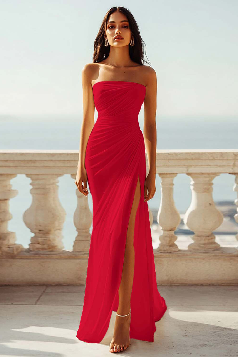Strapless Ivory Sheath Engagement Dress with Slit - Image 14