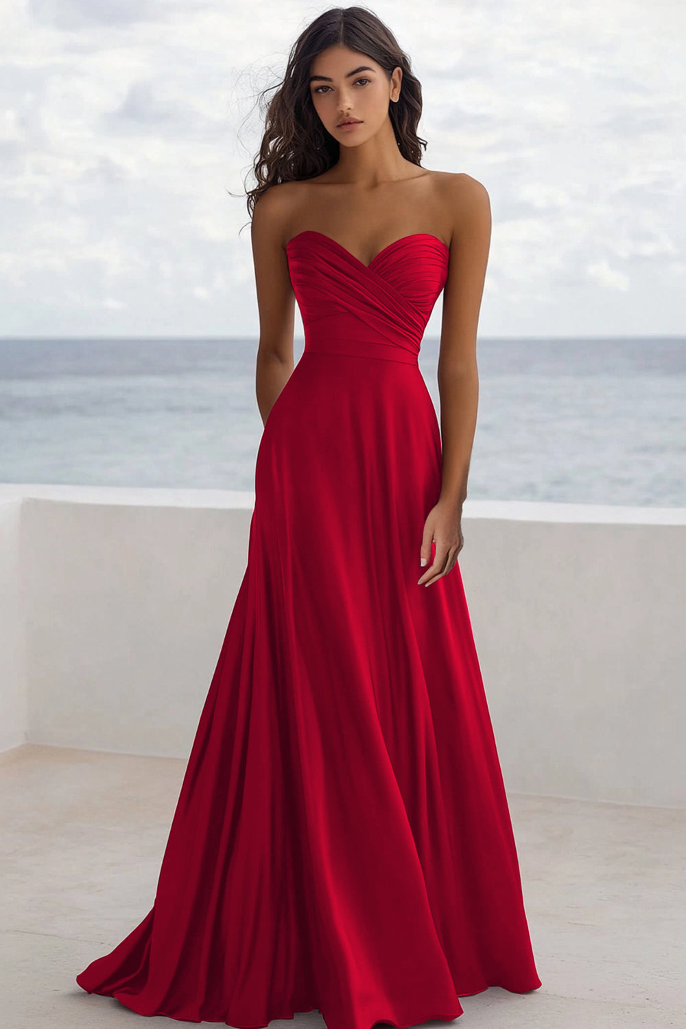 Strapless Burgundy A Line Ruched Formal Dress - Image 10