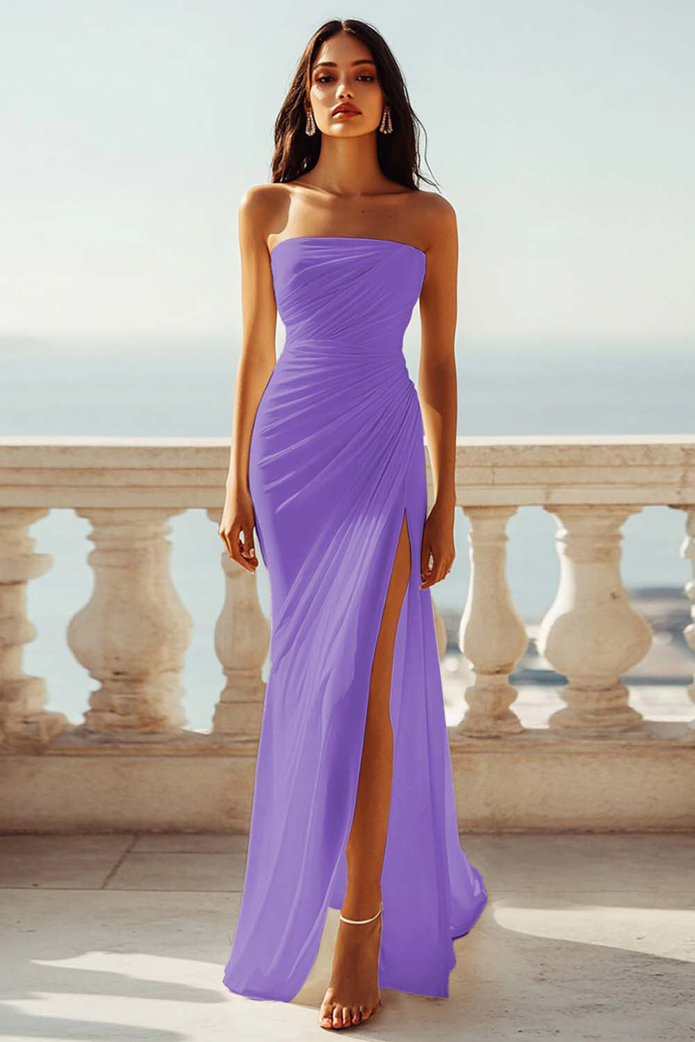 Strapless Ivory Sheath Engagement Dress with Slit - Image 17