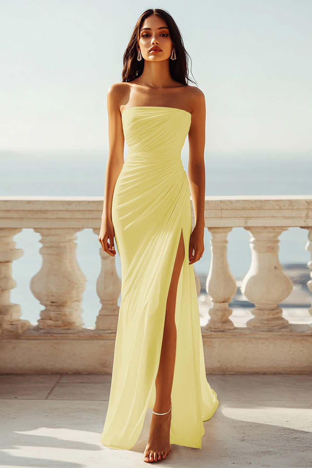 Strapless Ivory Sheath Engagement Dress with Slit - Image 18
